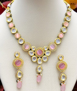 Pink Alloy Necklace With Earrings 313938