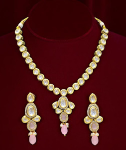 Pink Alloy Necklace With Earrings 314368
