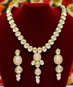 Pink Alloy Necklace With Earrings 314375
