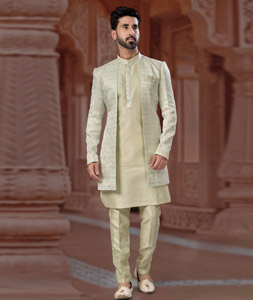 Pista Green Jacquard Silk Jacket Style Sherwani 282252