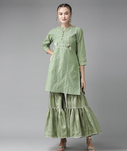 Pista Green Silk Kurta Set With Sharara 281479