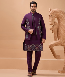 Purple Viscose Kurta Pajama With Jacket 319277