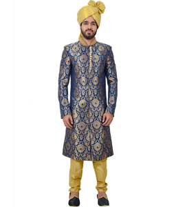 Navy Blue Silk Readymade Indo Western Suit 112364