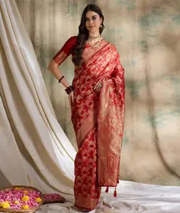 Red Banarasi Silk Saree With Blouse 301521