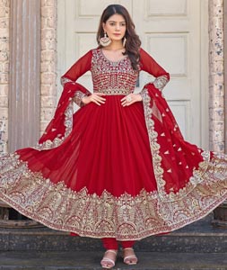 Red Faux Georgette Readymade Churidar Suit 318937