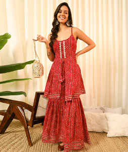 Red Rayon Kurta Set With Sharara 319952