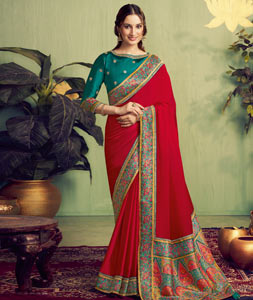 Red Satin Saree With Blouse 319871