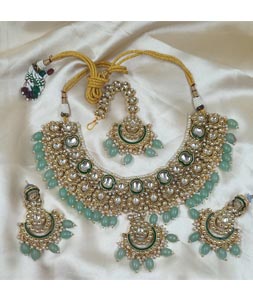 Sea Green Alloy Necklace Set With Earrings and Maang Tikka 320255