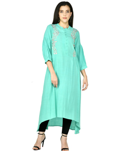 Sea Green Cotton Rayon Kurta Set With Legging 305468