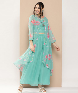 Sea Green Georgette Kurta Set With Jacket 281415