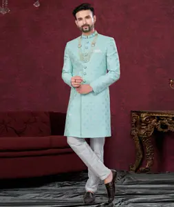 Sea Green Jacquard Achkan Style Sherwani 295637