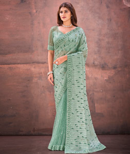 Sea Green Net Sequence Saree 320329