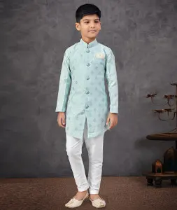Sky Blue Banarasi Jacquard Kids Indo Western Sherwani 301341