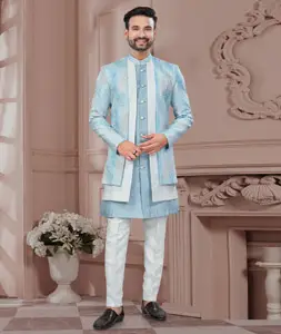 Sky Blue Banarasi Silk Indo Western Suit 295649
