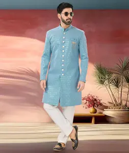 Sky Blue Jacquard Indo Western Sherwani 301878