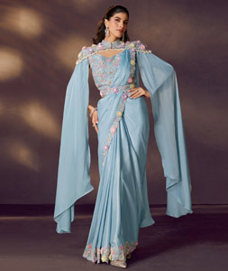 Sky Blue Satin Silk Designer Saree 318942
