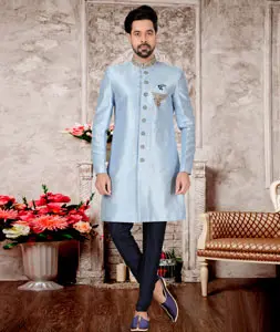 Sky Blue Silk Indo Western Sherwani 302973
