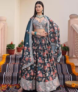 Teal Chinon Floral Lehenga choli 318844