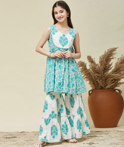 Teal Cotton Kids Sharara Suit 316969