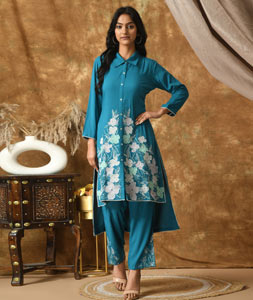 Teal Cotton Rayon Kurta Set With Pent 305489