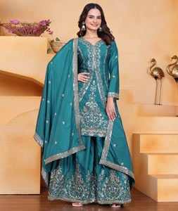 Teal Crepe Readymade Palazzo Suit 320240