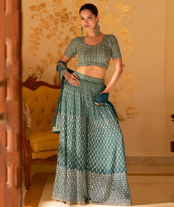 Teal Georgette Palazzo With Crop Top 318752