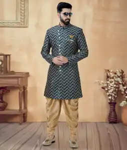 Teal Jacquard Dhoti Sherwani 292417
