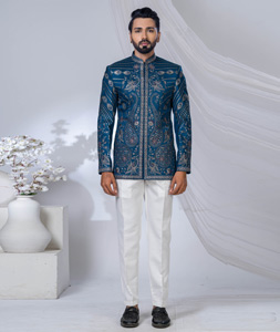Teal Polyester Jodhpuri Suit 315340