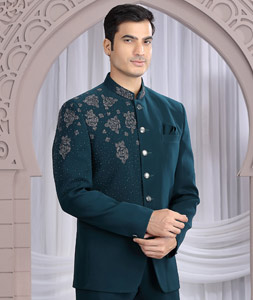 Teal Rayon Jodhpuri Suit 319128