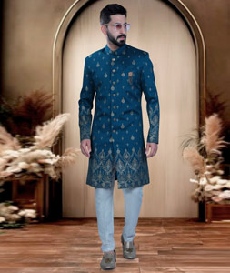 Teal Silk Achkan Style Sherwani 319666
