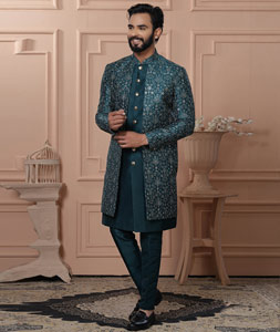 Teal Silk Jacket Style Sherwani 315077