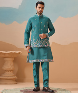 Teal Viscose Kurta Pajama With Jacket 318310