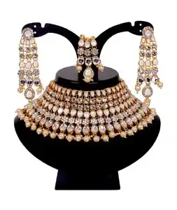 White Alloy Austrian Diamonds and Kundan Necklace Set With Earrings and Maang Tikka 292953