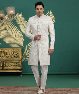White Art Silk Achkan Style Sherwani 319017