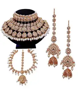 White Brass Austrian Diamonds and Kundan Necklace Set With Earrings and Maang Tikka 292927