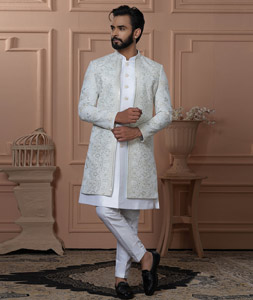 White Georgette Jacket Style Sherwani 315056