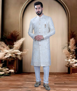 White Silk Achkan Style Sherwani 319654