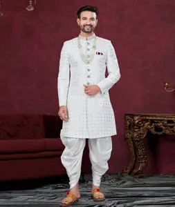 White Silk Dhoti Sherwani 295642