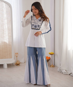 White Silk Kurta Set With Sharara 320436