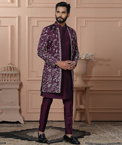 Wine Silk Jacket Style Sherwani 315072
