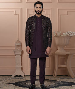 Wine Velvet Jacket Style Sherwani 315066