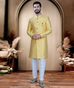 Yellow Brocade Achkan Style Sherwani 319692