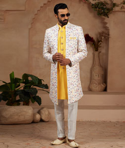 Yellow Jacquard Jacket Style Sherwani 306721