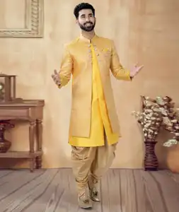 Yellow Silk Dhoti Sherwani 292413