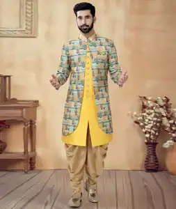 Yellow Silk Dhoti Sherwani 292415