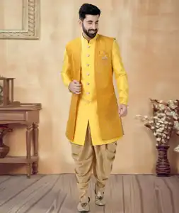Yellow Silk Dhoti Sherwani 292419