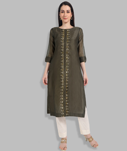 Chanderi Silk Readymade Handwork Kurti In Mehndi 212122