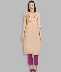 Beige Chanderi Silk Readymade Handwork Kurti 212137